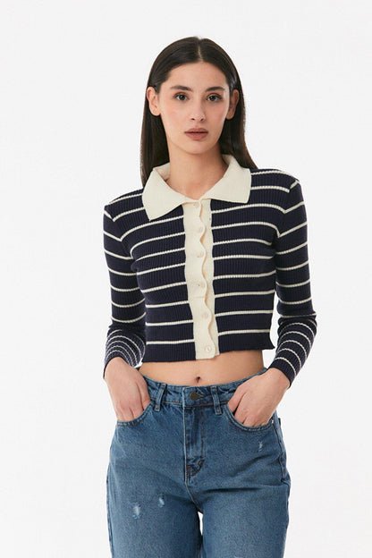 Striped Polo Neck Knitwear Cardigan