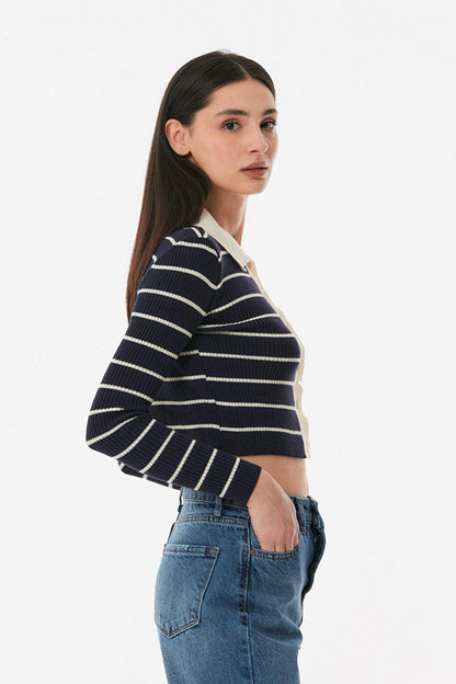 Striped Polo Neck Knitwear Cardigan