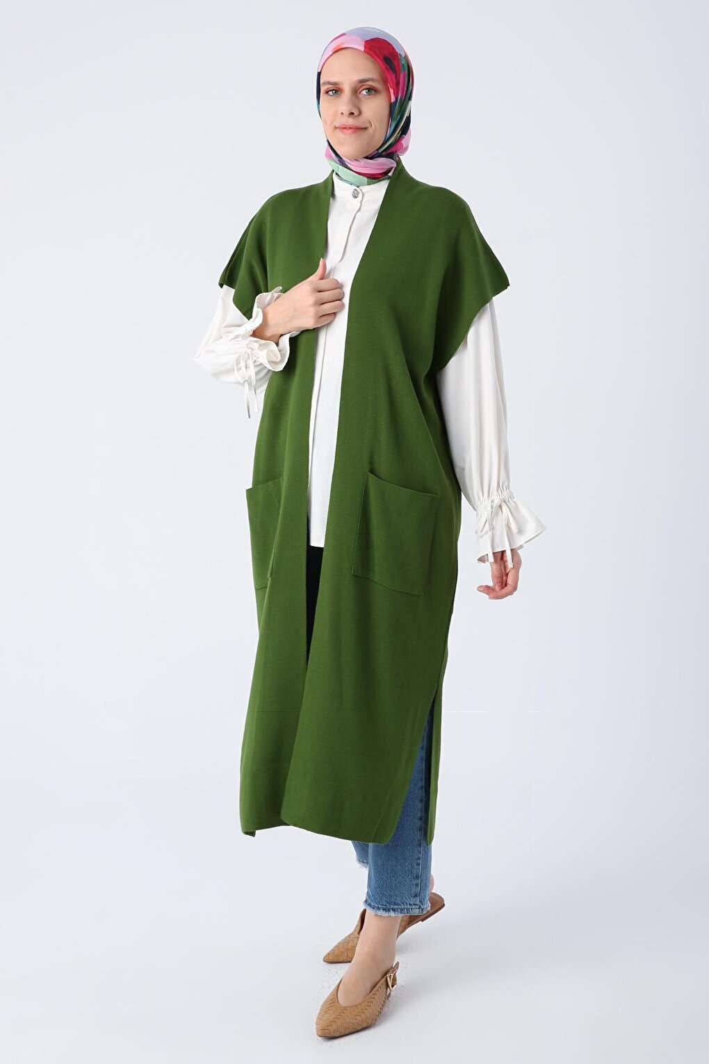 Dark Green Long Knitwear Vest with Pockets