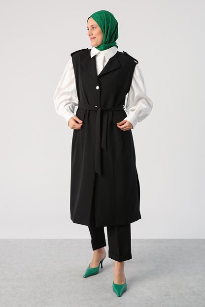 Black Shoulder Epaulette Belted Classic Vest with Pockets