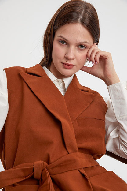 Light Brown Cotton Jacket Collared Belted Long Classic Vest