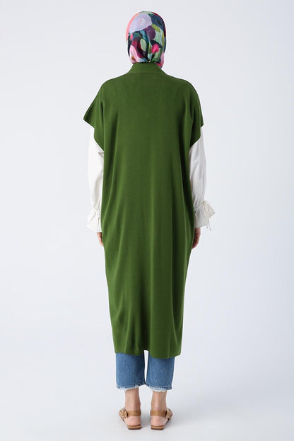 Dark Green Long Knitwear Vest with Pockets