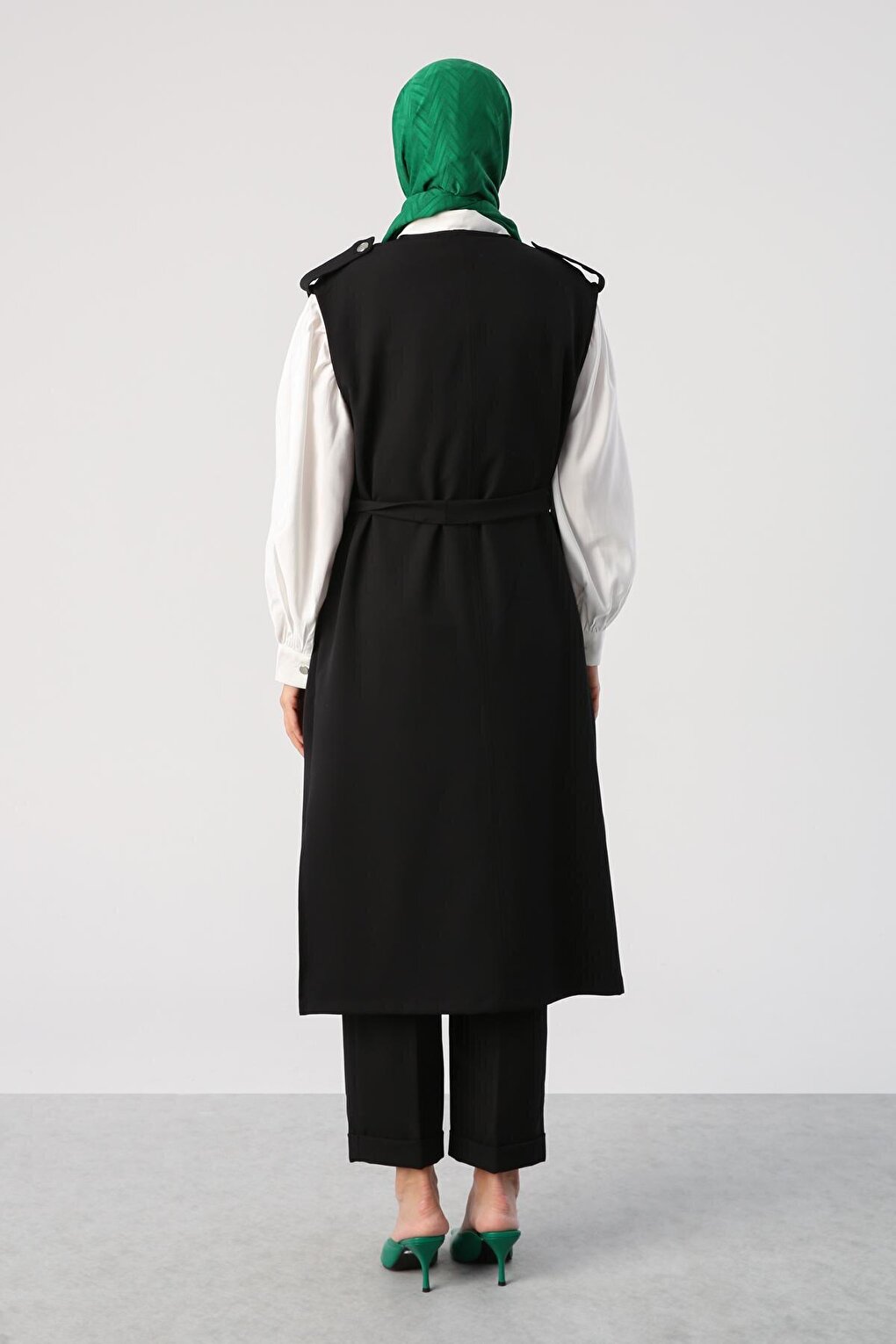 Black Shoulder Epaulette Belted Classic Vest with Pockets