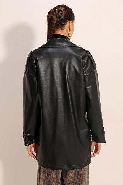 1036 Double Breasted Faux Leather Jacket - Black