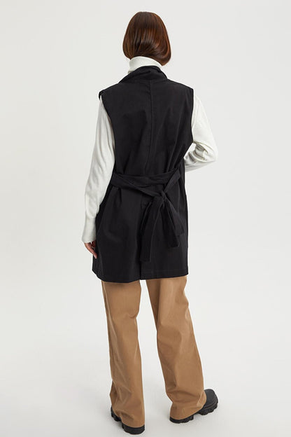 Black Cotton Jacket Collared Belted Long Classic Vest