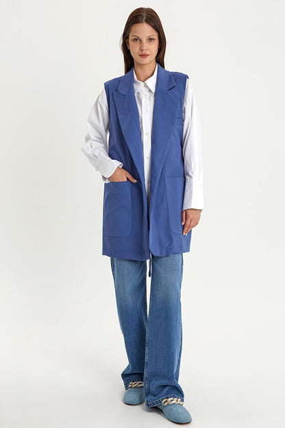 Blue Cotton Jacket Collared Belted Long Classic Vest