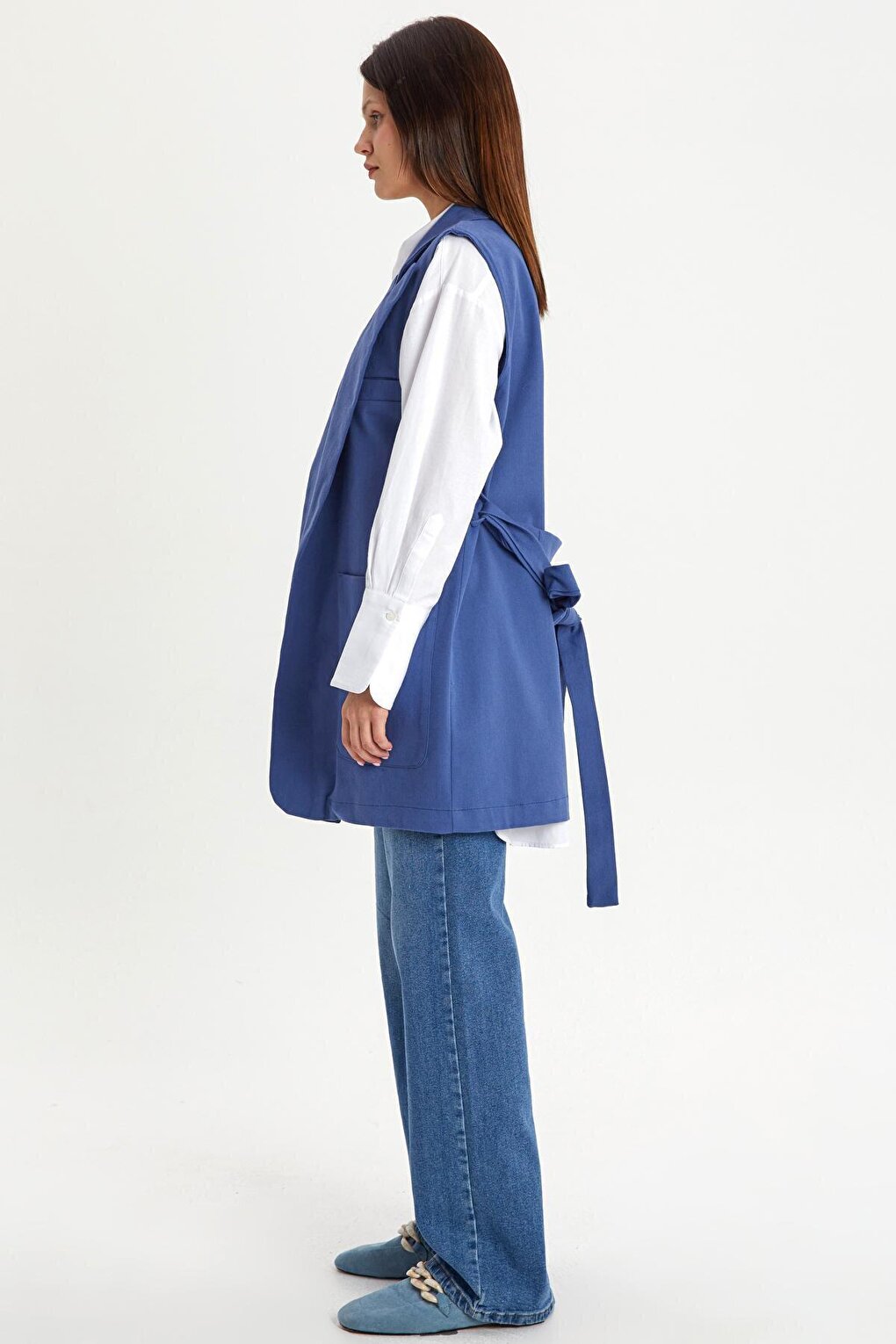 Blue Cotton Jacket Collared Belted Long Classic Vest