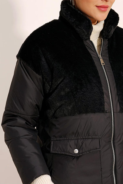 5179 Faux Fur Detailed Puffer Coat - Black