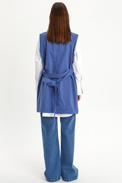 Blue Cotton Jacket Collared Belted Long Classic Vest