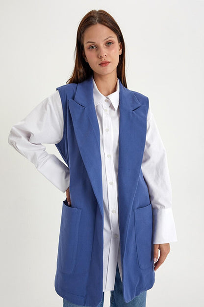 Blue Cotton Jacket Collared Belted Long Classic Vest