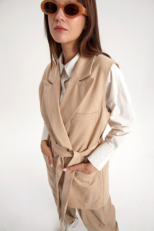 Light Beige Cotton Jacket Collared Belted Long Classic Vest