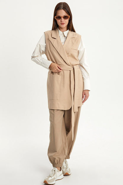 Light Beige Cotton Jacket Collared Belted Long Classic Vest