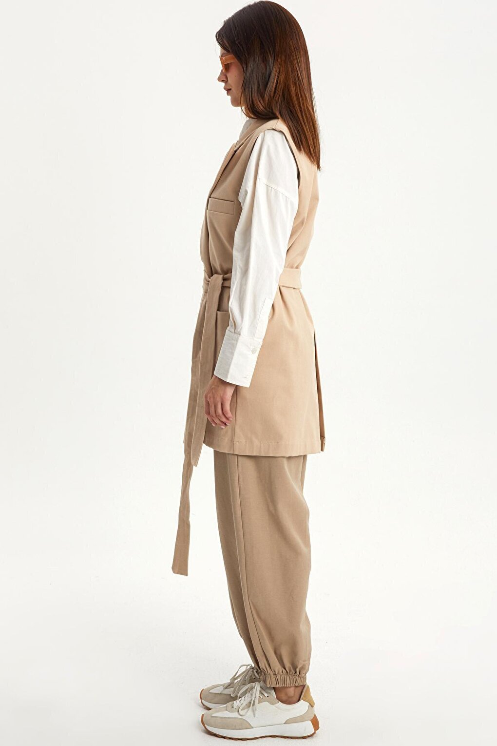 Light Beige Cotton Jacket Collared Belted Long Classic Vest