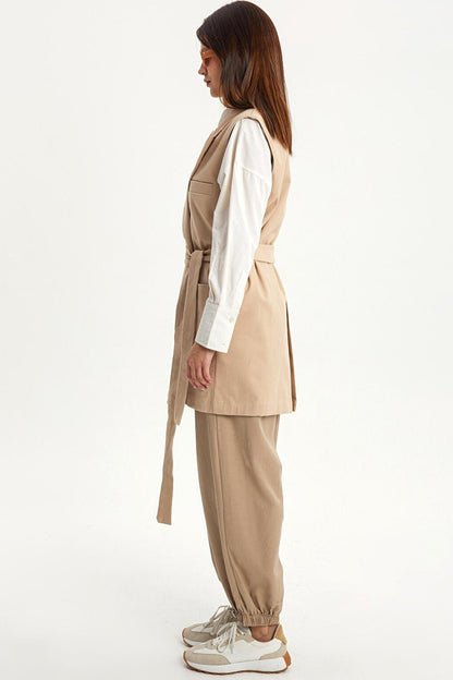 Light Beige Cotton Jacket Collared Belted Long Classic Vest