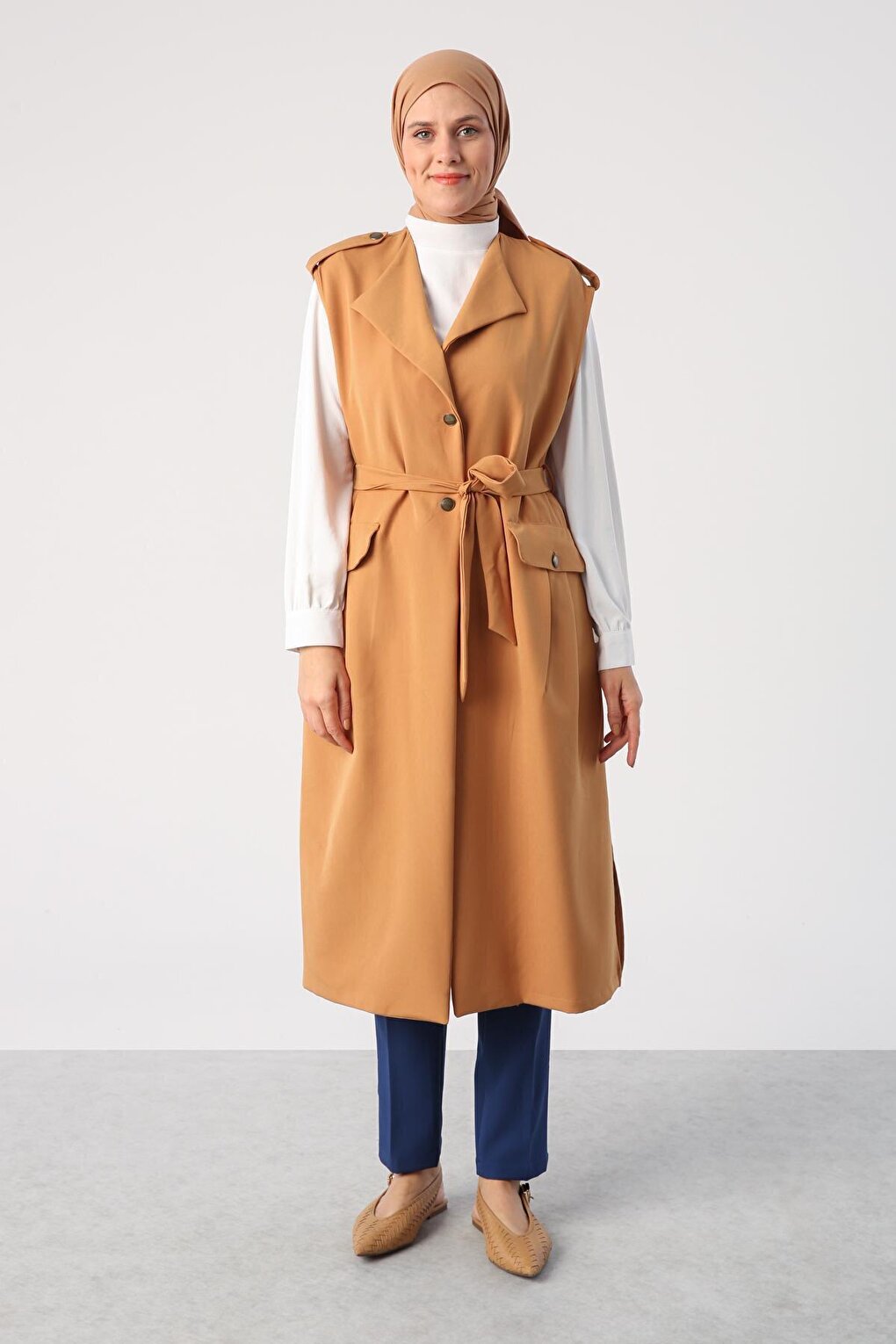 Classic Vest with Mustard Shoulders, Epaulettes, Belted Pockets