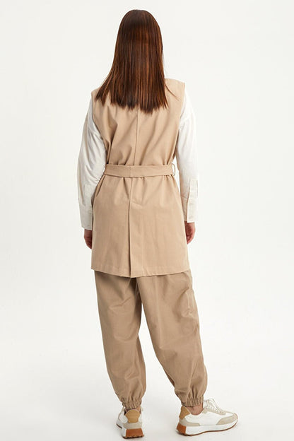 Light Beige Cotton Jacket Collared Belted Long Classic Vest