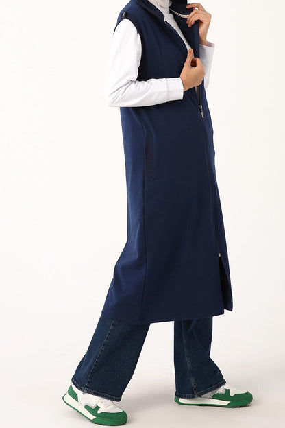 Dark Indigo Shoulder Stripe Zippered Vest