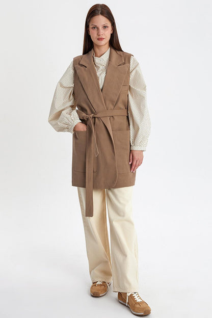 Dark Beige Cotton Jacket Collared Belted Long Classic Vest