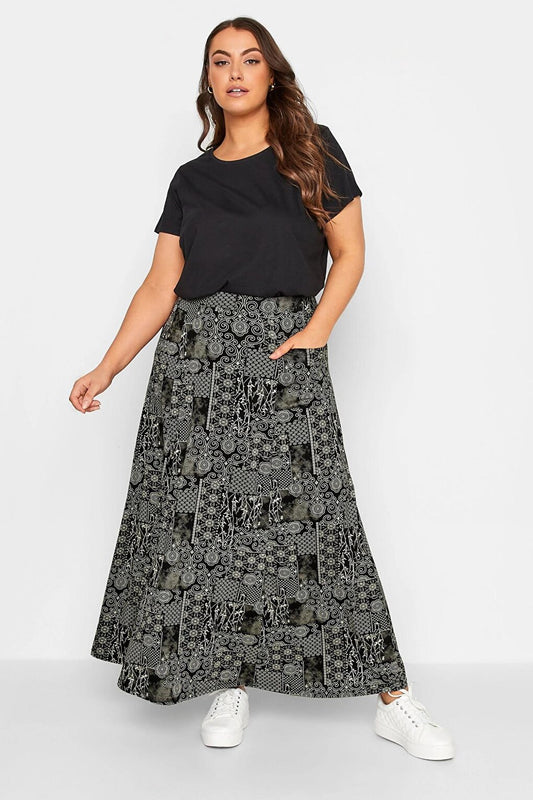 Plus Size Pocket Detailed Patterned Long Cut Skirt with Elastic Waist 301487