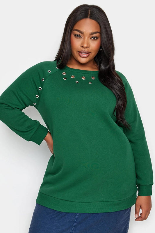 Large Size Crew Neck Eyelet Detailed Long Sleeve Sweatshirt 302832