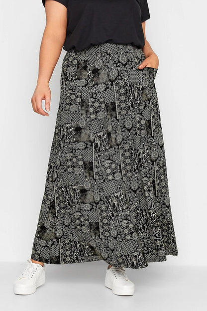 Plus Size Pocket Detailed Patterned Long Cut Skirt with Elastic Waist 301487