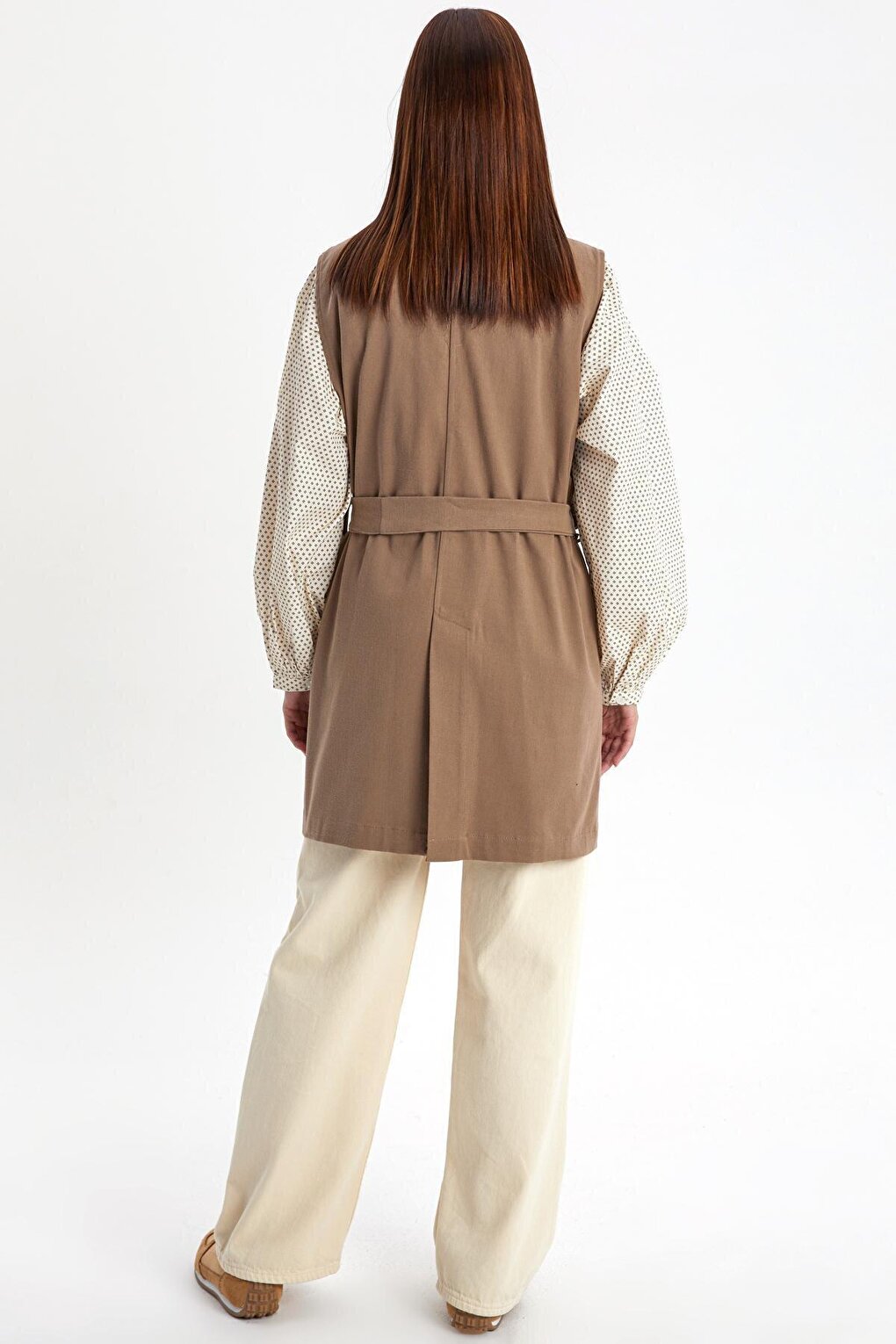 Dark Beige Cotton Jacket Collared Belted Long Classic Vest