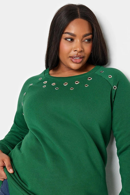 Large Size Crew Neck Eyelet Detailed Long Sleeve Sweatshirt 302832