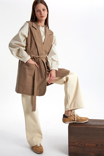 Dark Beige Cotton Jacket Collared Belted Long Classic Vest