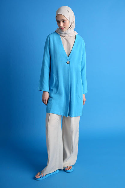 Turquoise Single Button V-Neck Pocket Linen Slit Jacket