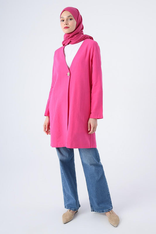 Fuchsia Single Button V-Neck Pocket Linen Slit Jacket