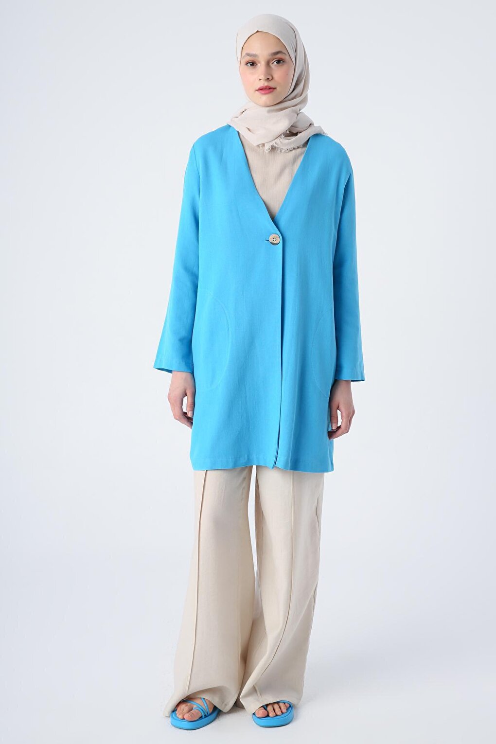 Turquoise Single Button V-Neck Pocket Linen Slit Jacket