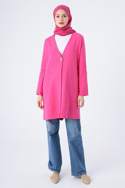 Fuchsia Single Button V-Neck Pocket Linen Slit Jacket