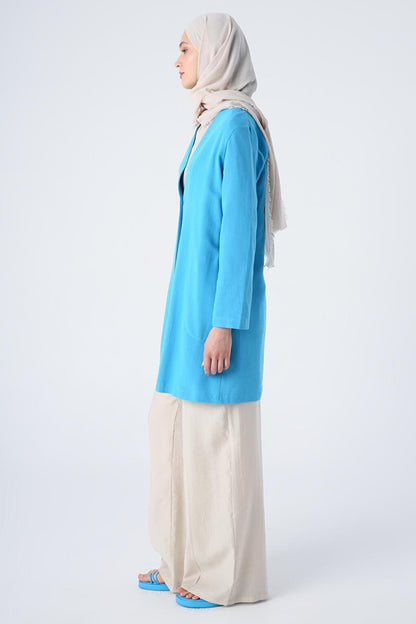 Turquoise Single Button V-Neck Pocket Linen Slit Jacket