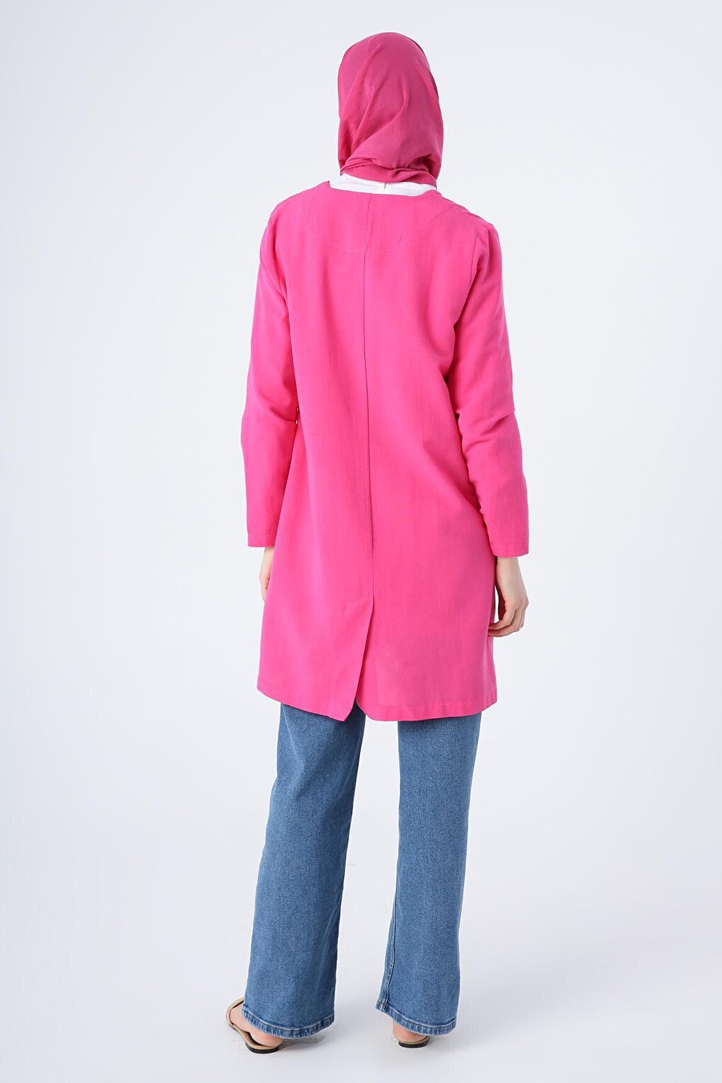 Fuchsia Single Button V-Neck Pocket Linen Slit Jacket