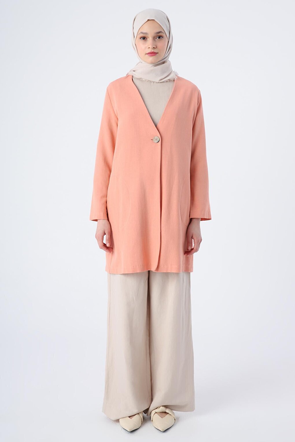 Salmon Single Button V-Neck Pocket Linen Slit Jacket