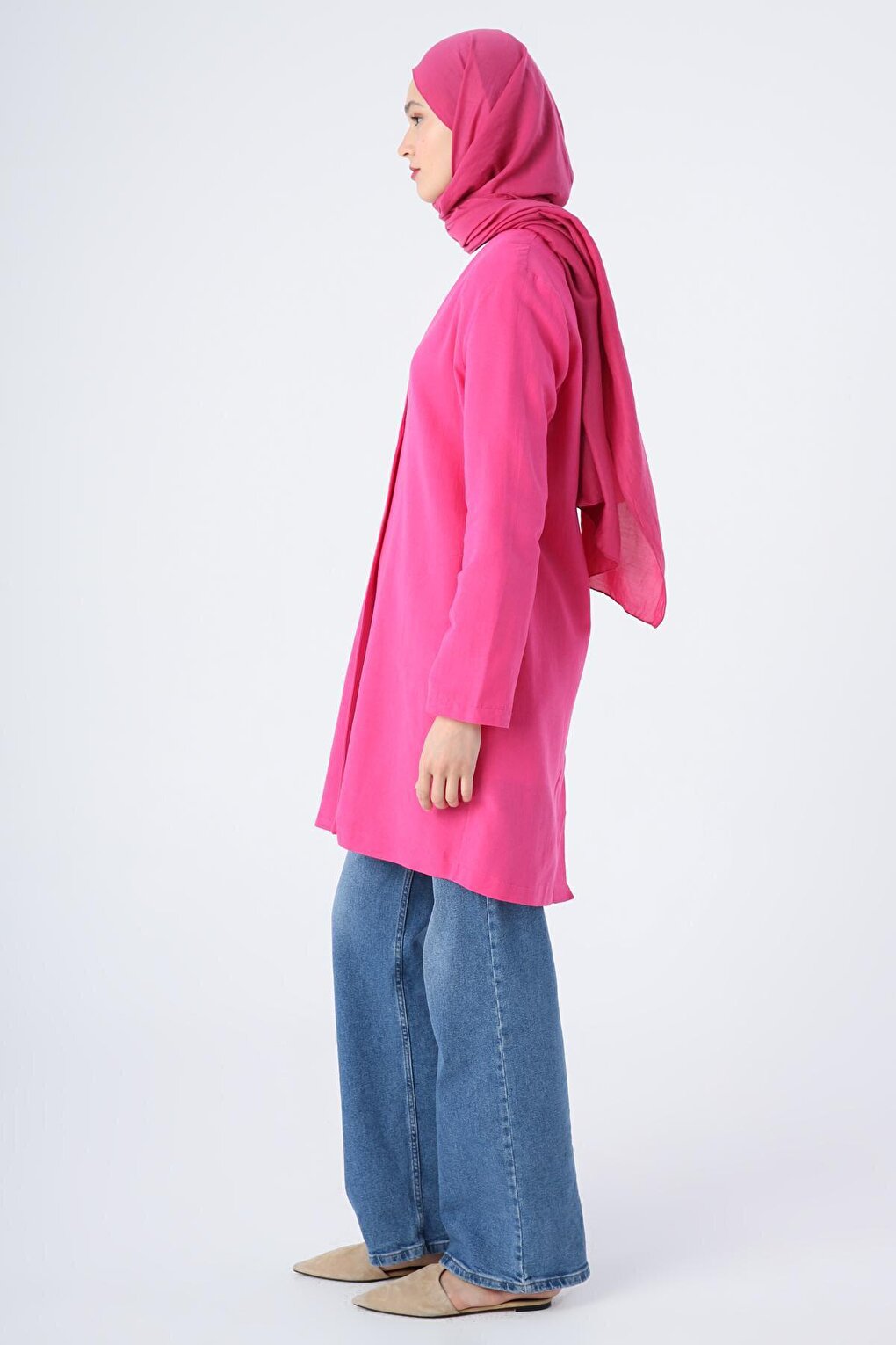 Fuchsia Single Button V-Neck Pocket Linen Slit Jacket