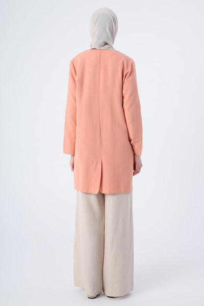 Salmon Single Button V-Neck Pocket Linen Slit Jacket