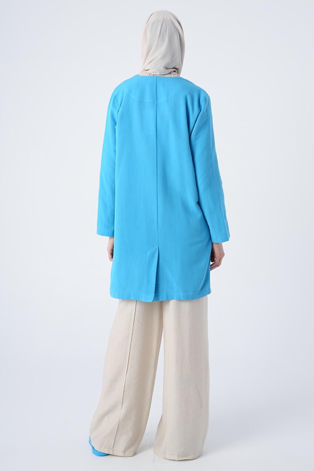 Turquoise Single Button V-Neck Pocket Linen Slit Jacket