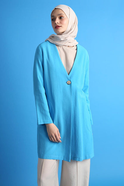 Turquoise Single Button V-Neck Pocket Linen Slit Jacket