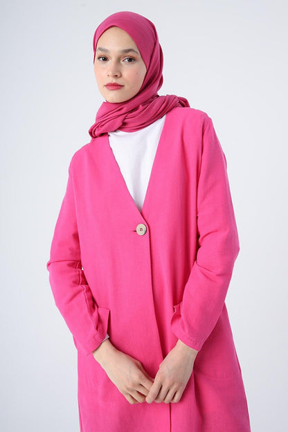 Fuchsia Single Button V-Neck Pocket Linen Slit Jacket