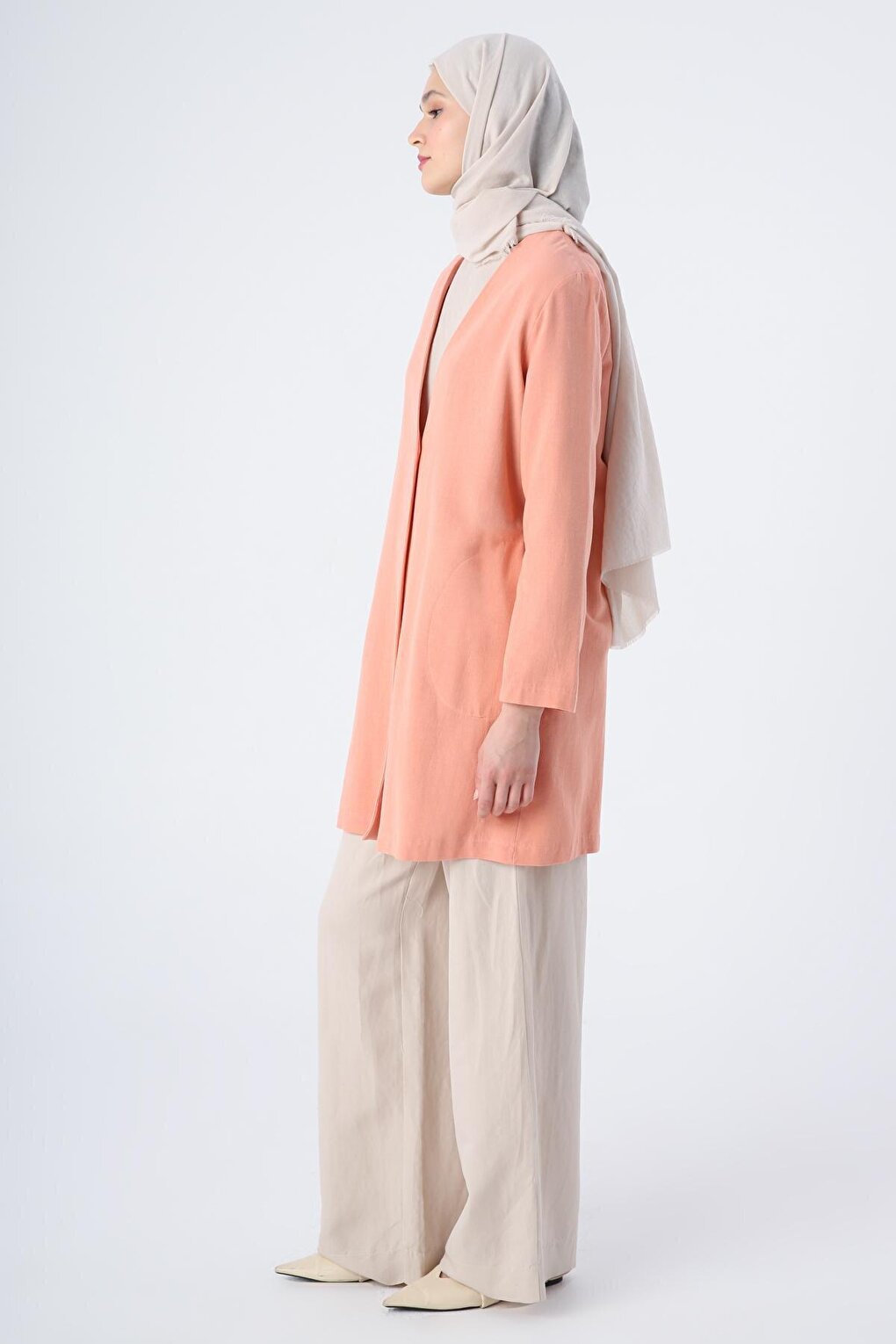 Salmon Single Button V-Neck Pocket Linen Slit Jacket