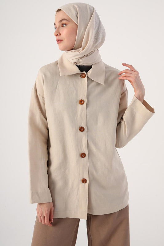 Beige Pocketed Wooden Button Shirt Collar Linen Jacket