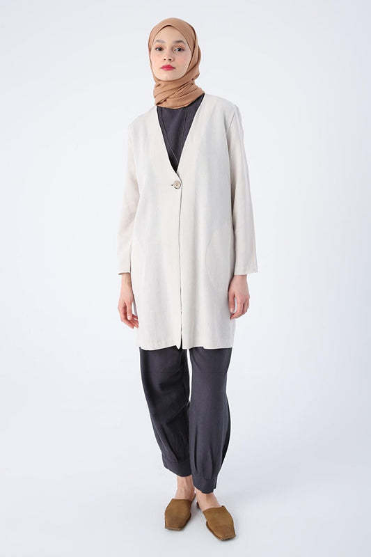 Stone Single Button V-Neck Pocket Linen Slit Jacket