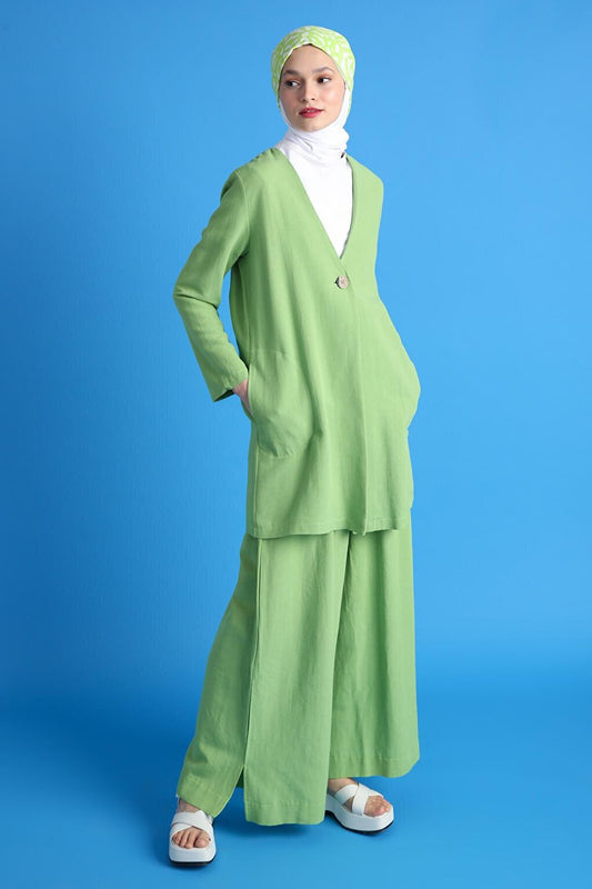 Green Single Button V-Neck Pocket Linen Slit Jacket