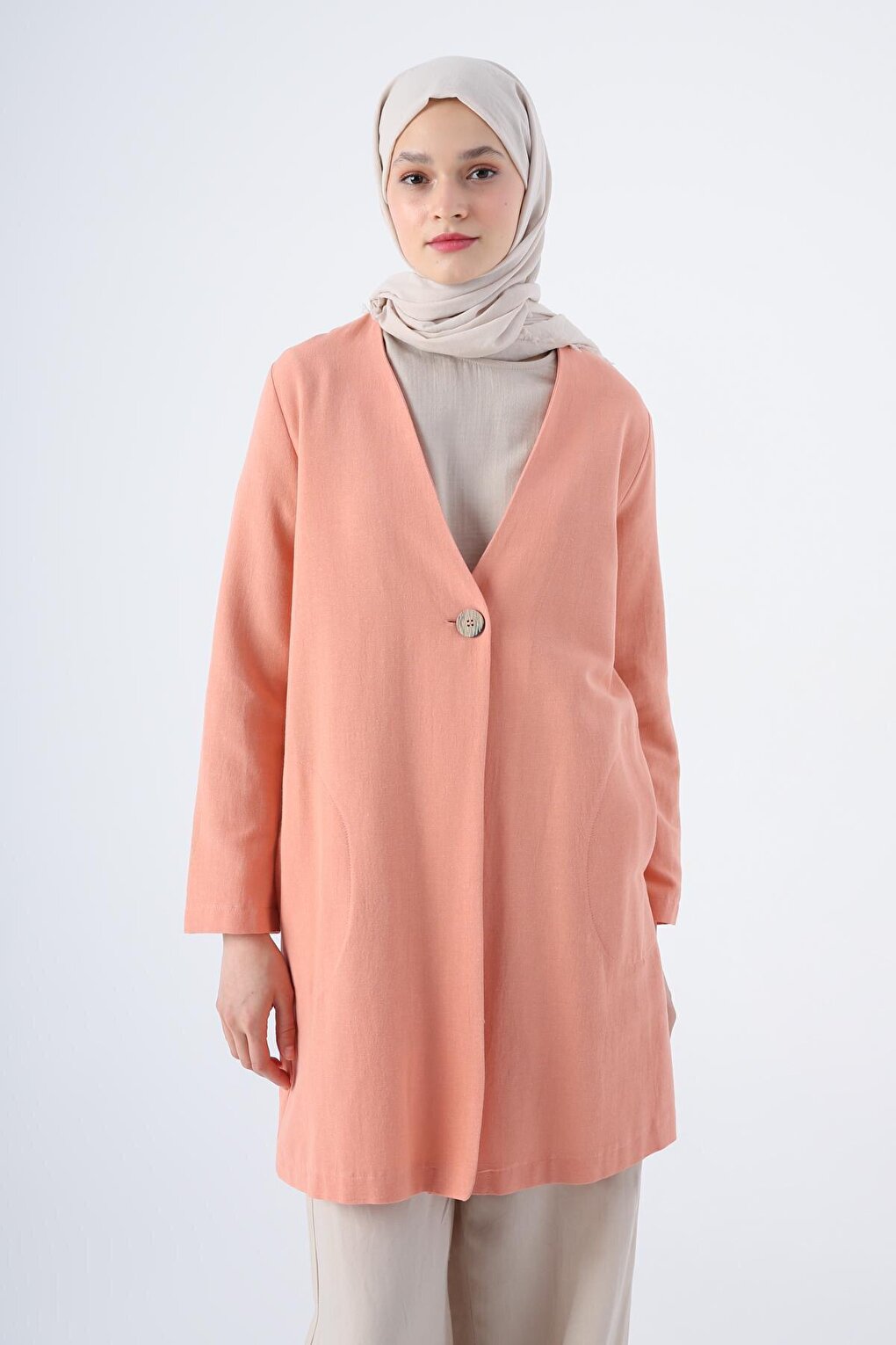 Salmon Single Button V-Neck Pocket Linen Slit Jacket