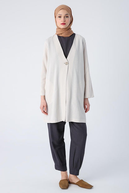 Stone Single Button V-Neck Pocket Linen Slit Jacket