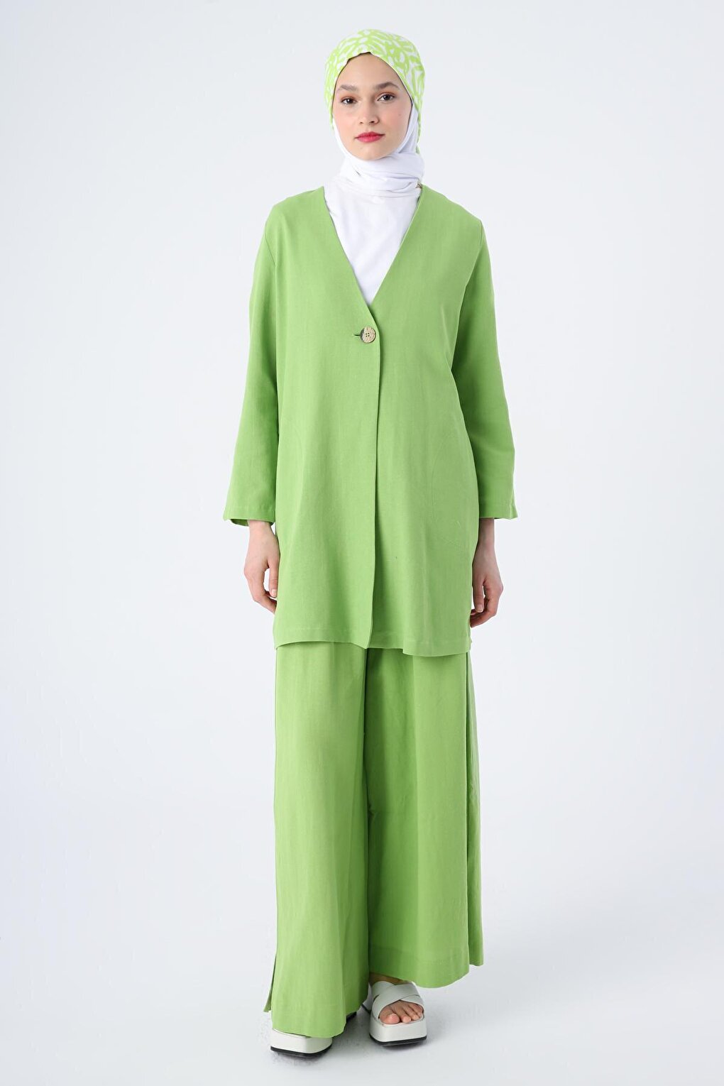 Green Single Button V-Neck Pocket Linen Slit Jacket