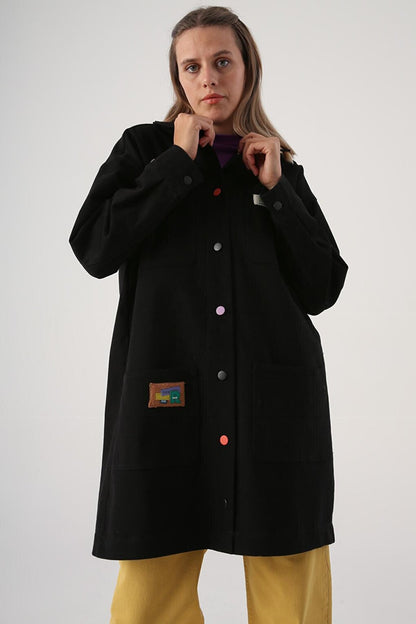 Black Cotton Jacket with Colorful Buttons and Ornamental Label Pockets