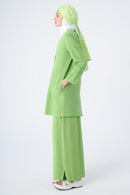 Green Single Button V-Neck Pocket Linen Slit Jacket