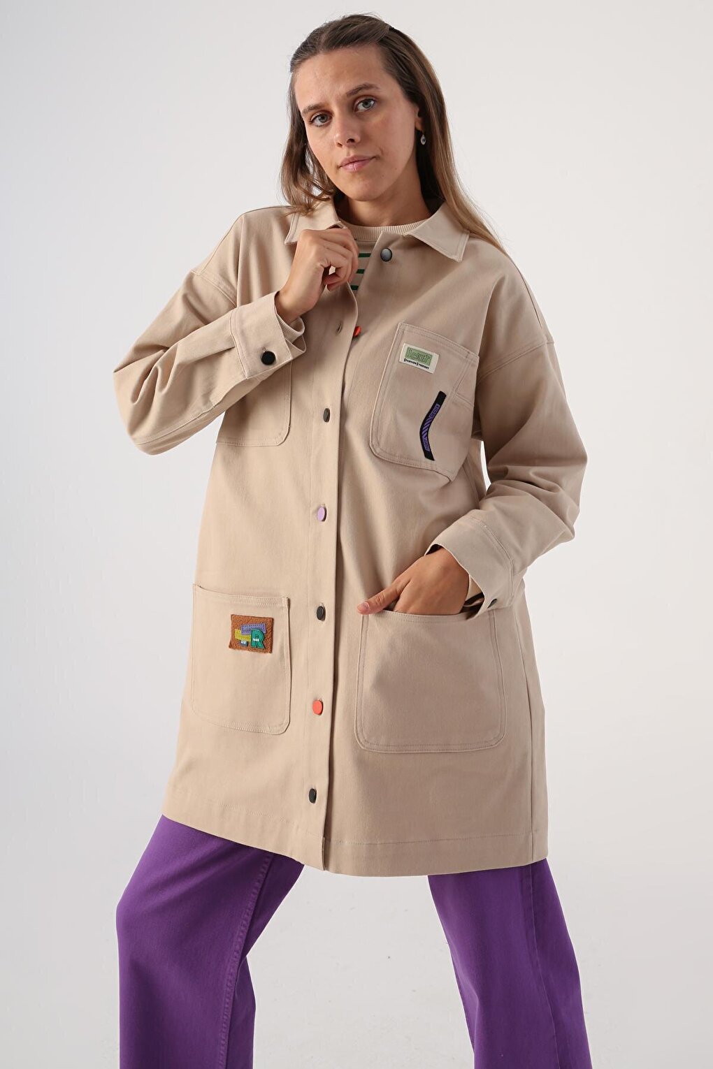 Light Beige Cotton Jacket with Colorful Buttons and Ornamental Label Pockets